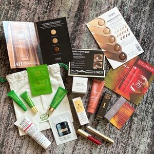 Lot of Skincare and makeup - included Green and White Tata Harper drawstring bag